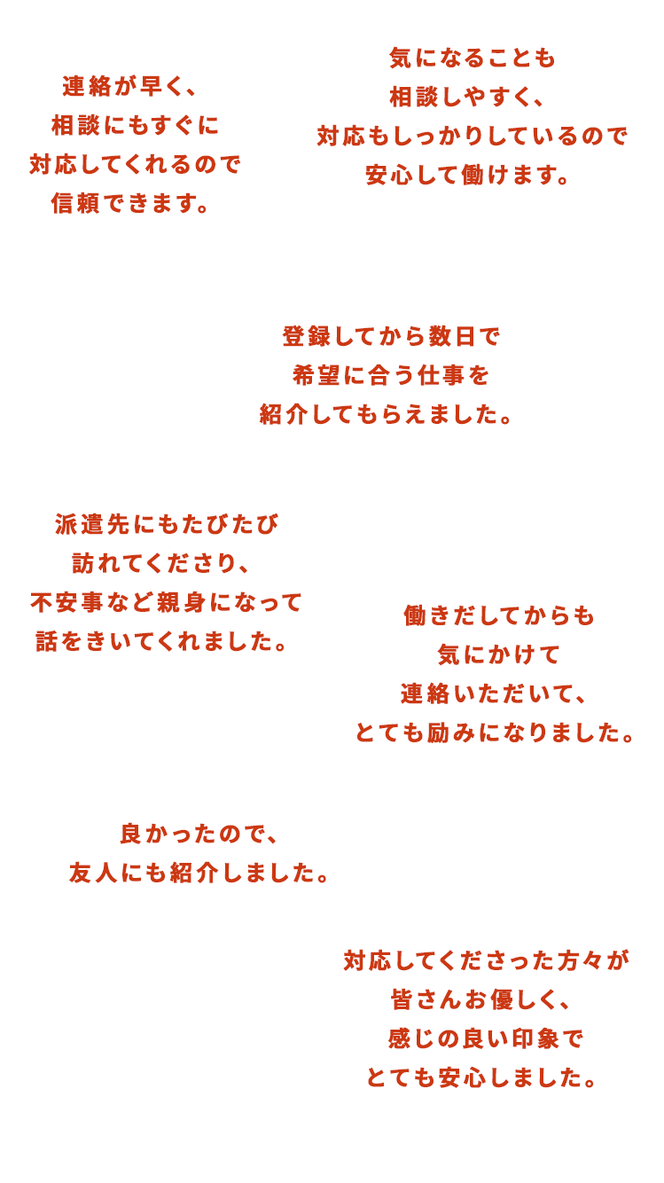 九州スタッフをご利用いただいた方々からの声。連絡が早い、相談しやすい、希望の仕事を紹介してもらえた、親身な対応といったお声をいただいています。